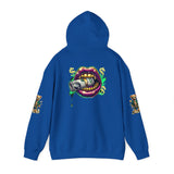 Blue Hustlers Ambition Hoodie back view with hood up